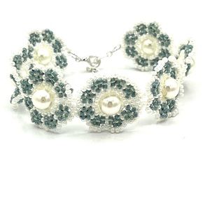 HAND CRAFTED White and Blue-Grey Beaded Floral Bracelet